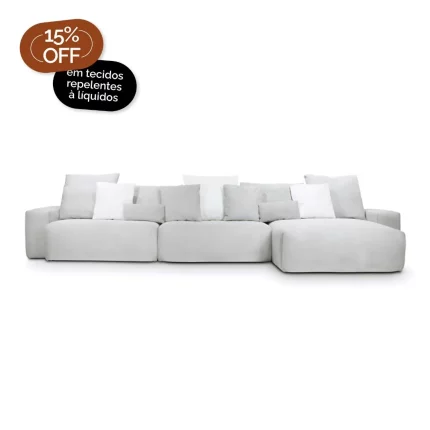 Sofá Glow 3 Lugares Com Chaise Encosto Fixo e Braço 20cm