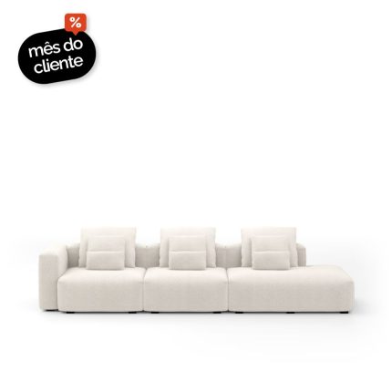 Sofá Glow 3 Lugares Com Chaise Encosto Fixo e Braço Lateral Direito 20cm