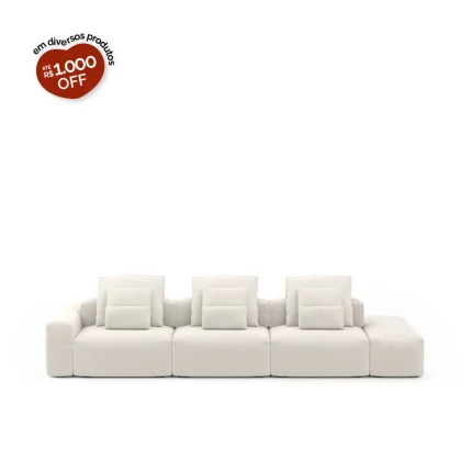 Sofá Glow 3 Lugares Com Chaise Encosto Fixo e Braço Lateral Direito 30cm