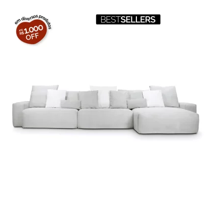 Sofá Glow 3 Lugares Retrátil Com Chaise e Encosto Fixo