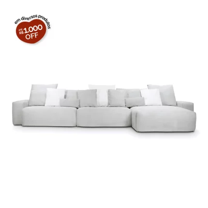 Sofá Glow 3 Lugares Com Chaise Encosto Fixo e Braço 30cm