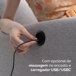 Sofá Tuim Clean com opcional de massagem no encosto e carregador USB/USBC